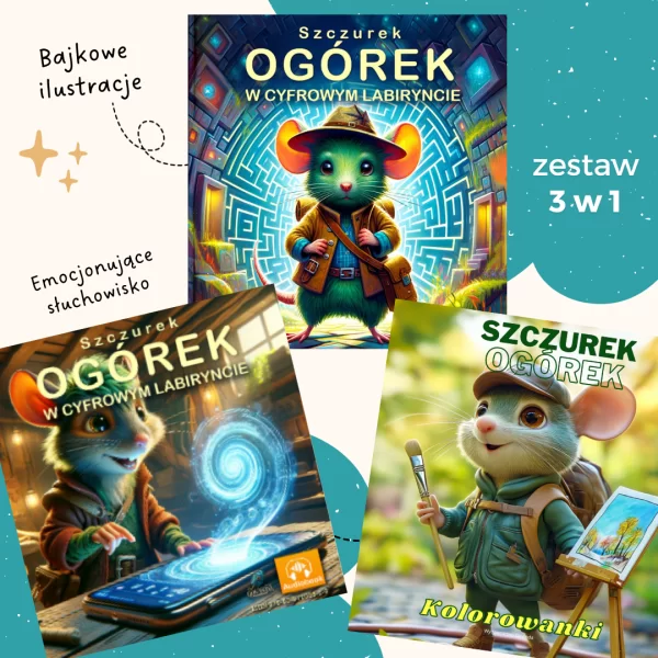 3 PACK: Ebook + Audiobook + Kolorowanka Szczurek Ogórek w Cyfrowym Labiryncie